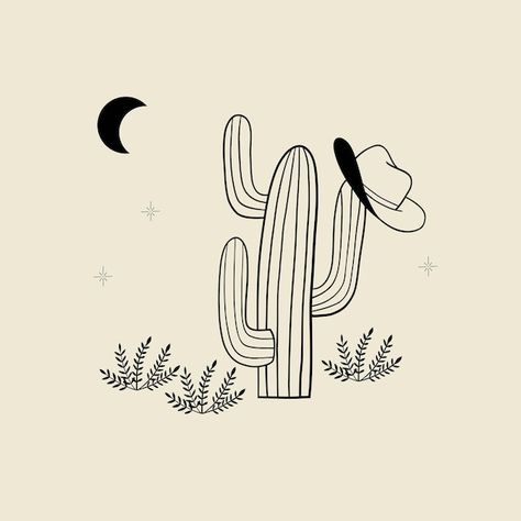 Cowboy Cactus Tattoo, Cactus Cowboy Hat Tattoo, Cactus With Cowboy Hat Tattoo, Cactus With Cowboy Hat, Cowboy Hat Drawing, Cactus In The Desert, Desert At Night, Cowboy Hat Tattoo, Cactus Tattoo