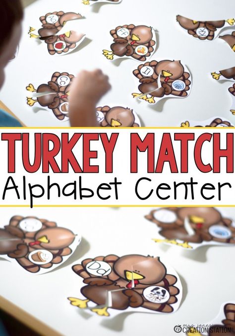 FREE Turkey Match Alphabet Center - MJCS Turkey Alphabet, November Centers, Abc Matching, Teaching Alphabet, Thanksgiving Literacy, Thanksgiving Centers, Fun Thanksgiving Games, Happy Home Fairy, Alphabet Centers