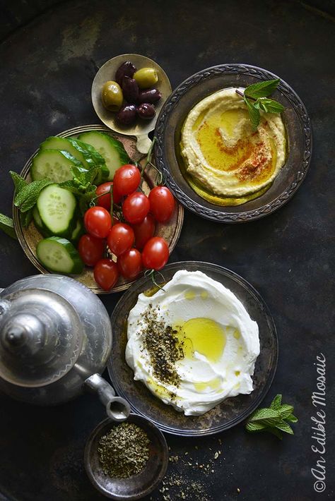 Arabic Breakfast Spread on Dark Metal Tray Arabic Breakfast Platter, Arabic Breakfast Ideas, Arab Breakfast, Lebanese Aesthetic, Manakeesh Recipe, Middle Eastern Breakfast, Basbousa Recipe, Arabic Breakfast, Lebanese Breakfast