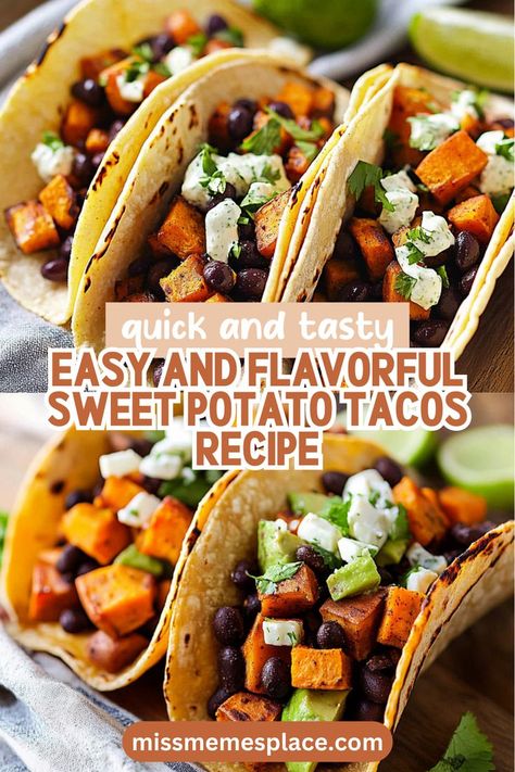 Discover how to make these mouthwatering Sweet Potato and Black Bean Tacos that are a breeze to prepare! With just a handful of ingredients and minimal cooking time, you can whip up a filling vegetarian meal that packs a punch of flavor. The combination of roasted sweet potatoes seasoned with spices and hearty black beans gives each taco a satisfying bite. Perfect for meal prep, these tacos can be customized with fresh toppings, making them a versatile option for lunch or dinner! Potato And Black Bean Tacos, Mexican Food Tacos, Sweet Potato Seasoning, Sweet Potato And Black Bean, Apartment Meals, Food Tacos, Sweet Potato Tacos, Black Bean Tacos, Food Fall