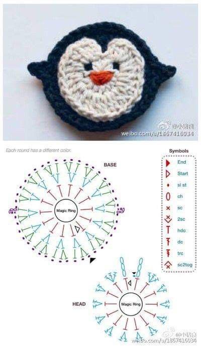 Marque-pages Au Crochet, Crochet Applique Patterns Free, Crochet Penguin, Crochet Appliques, Confection Au Crochet, Crochet Motif Patterns, Crochet Hair Accessories, Crochet Simple, Crochet Bookmarks