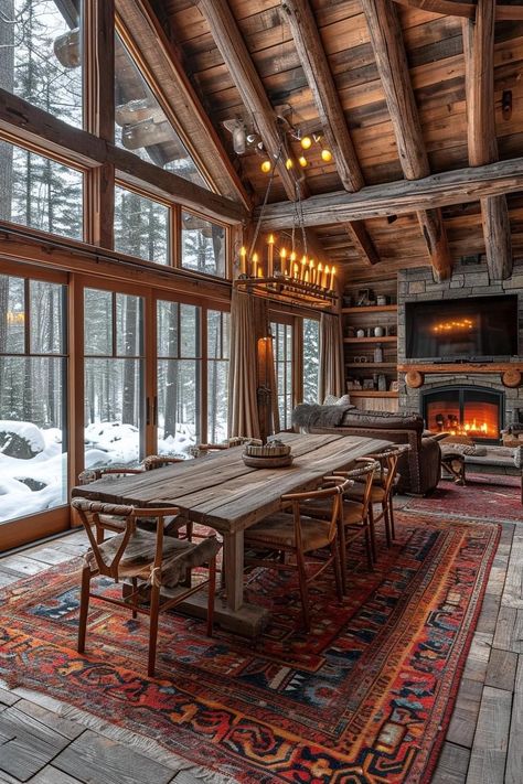 Wood Lodge Cabin, Colorado House Interior, Mountain Lake House Interior, Big Cabin Houses Interior, Mountain Cabin Dining Room, Mountain Dining Room, Log Cabin Mansions Interior, Log House Interior, Modern Chalet Interior