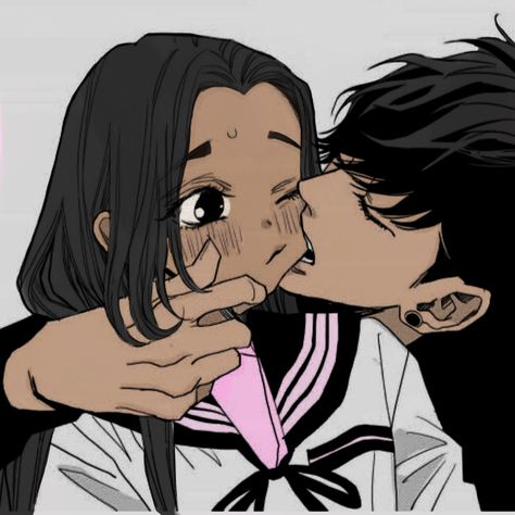 Anime Interracial Couples, Biracial Anime Couple, Black Anime Characters Couple, Inter Racial Matching Pfp, Black And Asian Couples Drawings, Pic Couple Cute, Mixed Couple Pfp, Female Cartoon Pfp, Cute Couple Pics Cartoon