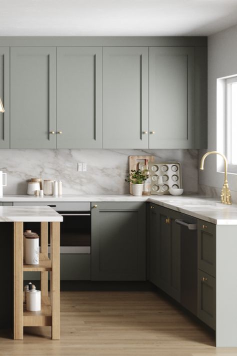 Sage Grey Cabinets, Olive Grey Kitchen, Olive And Grey Kitchen, Light Olive Kitchen Cabinets, Green Grey Kitchen Cabinets, Grey And Olive Green Bedroom, Small Kitchen Green, Grey Green Kitchen Cabinets, Grey And Green Kitchen