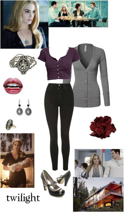 Rosalie Cullen 🌹🩸 Outfit | ShopLook Rosalie Cullen Outfits, Alice Cullen Outfits, Rosalie Cullen, Disney Inspired Outfits, Blue Sunglasses, Red Handbag, Purple Shirt, Pink Jacket, Grey Cardigan