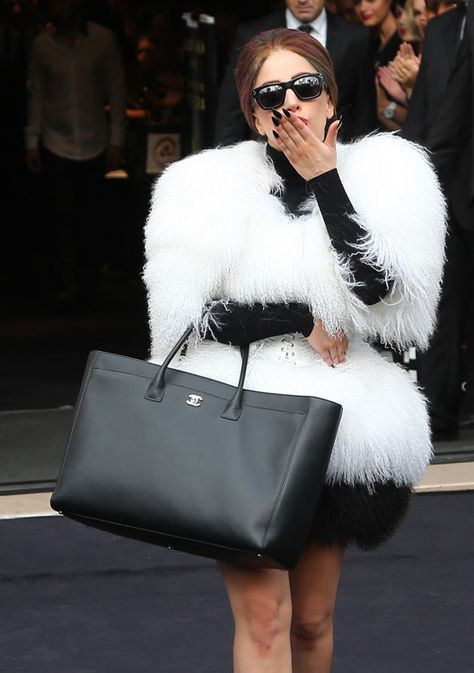 Celebrity Chanel Bag, Celebrities Wearing Chanel Bags, Fur Tote Bag, Chanel Cerf Tote, Chanel Timeless Tote, Celebrity Handbags, Vintage Chanel Tote Bag, Lady Gaga Fashion, Timeless Bags