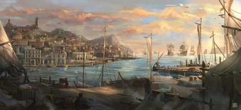 Thriving Merchant Town Carribean Port by Cristian  Chihaia #digitalart #digitalartist #digitalpainting #digitalillustration #art #artwork #conceptdesign Asoiaf Castles, Bg3 Gale, Pirate Vibes, Sea Port, Port City, Fantasy City, Fantasy Places, Fantasy Art Landscapes, High Fantasy