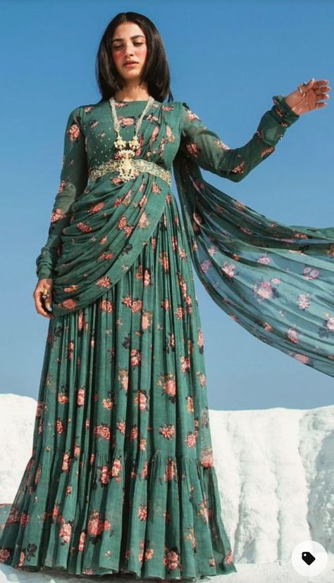 This also came up as Anarkali, though it doesn't look like the other anarkali suits I was seeing. Could replicate as a full length dress with an empire waist drape added from back, draped around hip, over opposite shoulder. The belt would help take any maxi dress and convert it to this style by adding the drape on top (attach drape to belt). Paulmi And Harsh, Georgette Gown, Women Kurta, Drape Gowns, Gown For Women, Temple Wedding, Indian Gowns Dresses, Indian Gowns, Party Wear Indian Dresses