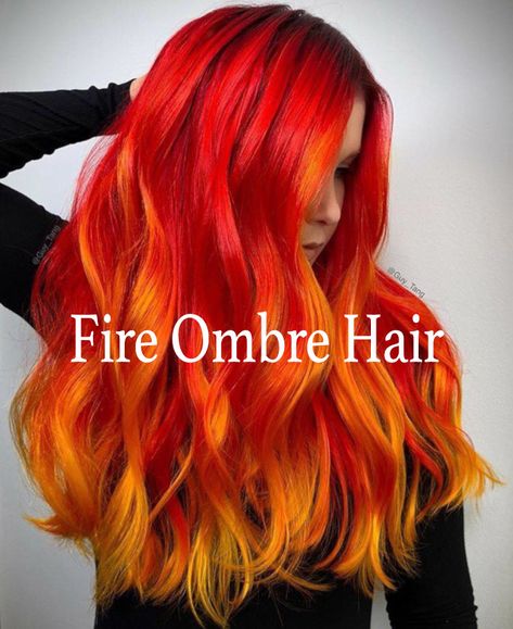 Make your hair hotter than the summer sun with a fire ombre dye job. If you are already a redhead, lighten up your ends with orangey yellow tones to get that fierce fiery look. For redheads-to-be, this is the perfect look to hop on the wild side this summer. Red Hair With Other Colors, Fire Ombre Hair, Fire Hair Color, Fire Red Hair, Red Hair Colors, Flame Hair, Cheveux Oranges, Trendy We Fryzurach, Vivid Hair