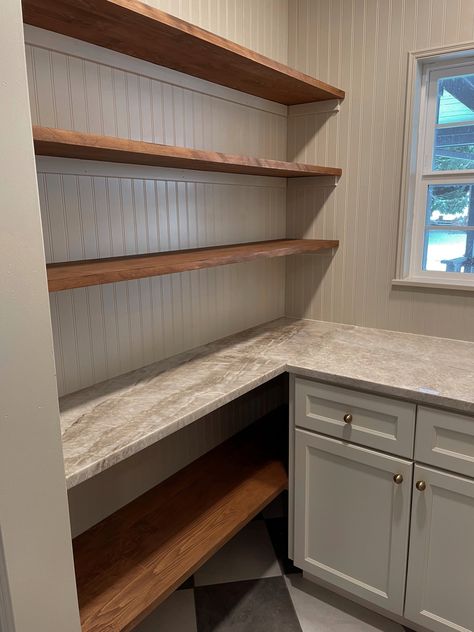 Wainscoting In Pantry, Bead Board Pantry, Bead Board Pantry Walls, Pantry Wall Design Ideas, Pantries With Wallpaper, Pantry With Beadboard, Vintage Pantry Design, Small Pantry With Sink, Beadboard Closets