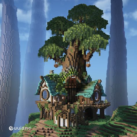 Minecraft Tree Tutorial, Minecraft House Jungle, Minecraft Tree House Ideas, Big House Minecraft, Minecraft Magical House, Minecraft Cliffside House, Whimsical Minecraft House, Epic Minecraft Houses, Magical Minecraft Builds