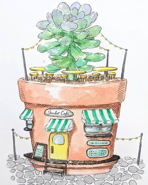 Flowerpot Drawings, Teapot House Drawing, Flower Pot Art Drawing, Cute Green Drawings, Cute Cafe Drawing, Cute House Drawing, House Plant Illustration, Cafe Drawing, Flower Pot Drawing