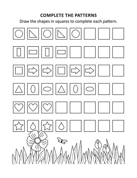 Math worksheet for kids with patterns and shapes. ПечатьEducational math activity sheet and coloring page for kids to learn and practice basic skills of vector illustration Maze For Kids Worksheets, Senior Kg Maths Worksheet, Maths Patterns Worksheets, Pattern Worksheet For Grade 1, Math Patterns Activities, Brain Boosting Activities, Hand Activity, Functions Math, Educational Math Games