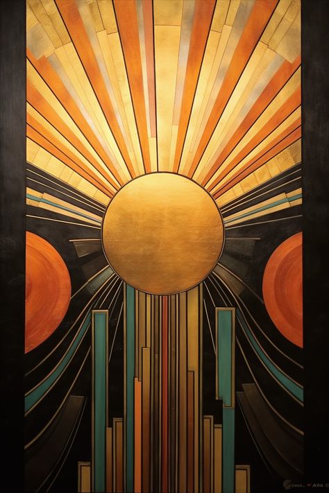 stunning art deco canvas features a captivating gold sunburst design with striking black and blue accents 1920s Bedroom Decor Art Deco, Art Deco Tatoos, Art Deco Arquitectura, Art Deco Walls, Art Deco Design Inspiration, Sunburst Wallpaper, Art Deco Bedroom Decor, Art Deco Nature, Dark Art Deco