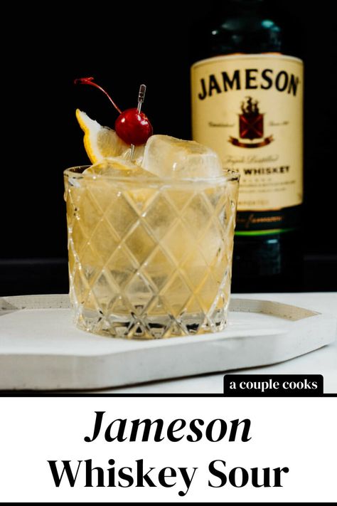 This Jameson whiskey sour makes a deliciously smooth drink! Irish whiskey gives a balanced flavor to this classic cocktail. #irishwhiskey #jameson #jamesoncocktail #jamesonwhiskeysour Irish Whiskey Cocktails, Jameson Whiskey Drinks, Jameson Drinks, Jameson Cocktails, Whiskey Drinks Recipes, Whiskey Sour Recipe, A Couple Cooks, Whisky Sour, Jameson Whiskey