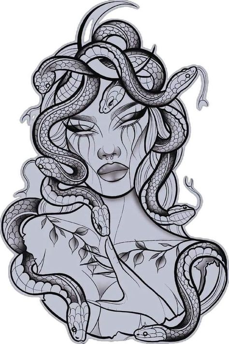 Thigh Tats For Women Stencil, Madusa Drawings Simple Tattoo, Madusa Drawings Beautiful, Dessin Medusa Tattoo, Snake Sleeve Tattoo, Sa Tattoo Ideas, Medusa Tattoo Stencil, Medusa Drawing, Cute Thigh Tattoos