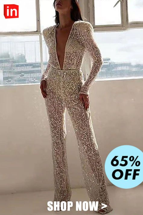 Women's Jumpsuit for Special Occasions See Through Beaded Sequin Solid Color Deep V Elegant Party Wedding Regular Fit Long Sleeve Gold S M L Spring White Sparkly Suit Women, White Beaded Jumpsuit, White Glitter Jumpsuit Wedding, White Sparkly Jumpsuit, White And Gold Jumpsuit, Fancy Jumpsuit Prom, Houston Fits, Bling Jumpsuit, Bridal Fits