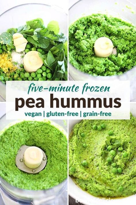 This pea purée recipe (or pea hummus) is an easy healthy way to use a bag of frozen peas, it takes only five minutes, and it's packed with fresh flavor from mint, parsley, lemon, garlic, and extra-virgin olive oil! A vegan, gluten-free, dairy-free, grain-free appetizer, snack, or light lunch served with pita, fresh bread, or crackers. Pea Hummus Recipe, Pea Hummus, Vegan Dip, Pea Recipes, Vegan Appetizers, Pureed Food Recipes, Hummus Recipe, Light Lunch, Fresh Bread