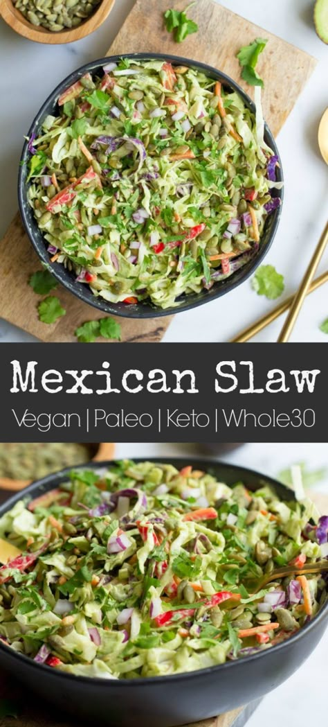 Camarones Rancheros, Mexican Slaw, Cabbage Slaw Recipes, Creamy Avocado Dressing, Mexican Side Dishes, Mexican Salads, Shredded Cabbage, Avocado Dressing, Healthy Mexican