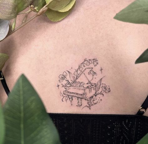 Piano Tattoo Aesthetic, Piano Sheet Music Tattoo, Small Piano Tattoo, Classical Music Tattoo, Vintage Inspired Tattoos, Bridgerton Tattoo, Classical Tattoos, Little Women Tattoo, Ophelia Tattoo