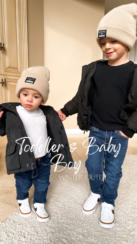 Toddler & baby boy winter outfit inspo, puffer coats, beanie hat, thermal shirt, denim and Nike sneakers Boy Toddler Winter Outfits, Cal Outfits, Toddler Boy Outfits Winter, Boy Spring Outfits, Toddler Boy Winter Outfits, Baby Boy Spring Outfits, Winter Hat Outfit, Best High Chairs, Baby Boy Fall Outfits