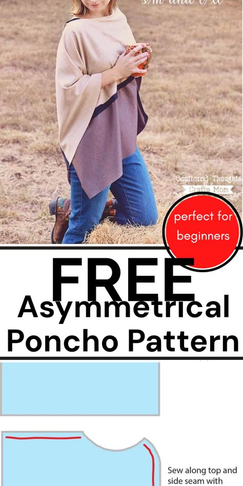 Stay warm this season with a stylish asymmetrical poncho! This free sewing pattern provides an easy guide for creating a cozy poncho in sizes S/M and L/XL. Perfect for beginners, this comfy poncho will keep you fashionable while providing warmth during the chill. Whether for outings or staying in, it's a must-have addition to your wardrobe. The downloadable PDF pattern allows for effortless sewing without too much stress. Asymmetrical Poncho Pattern, How To Make A Poncho From A Scarf, Poncho Pattern Free, Free Scarf Patterns, How To Make A Poncho, Free Hat Patterns, Accessories Sewing Patterns, Poncho Pattern Sewing, Scarf Sewing