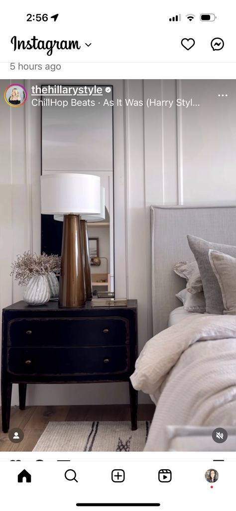 Mirrors Behind Bedside Tables, Bed Side Table Styling, Tall Bedside Lamps, Bedroom Side Table Ideas, Bedside Table Styling, Mirror Bedside Table, Side Table Styling, Tall Lamp, Tall Mirror