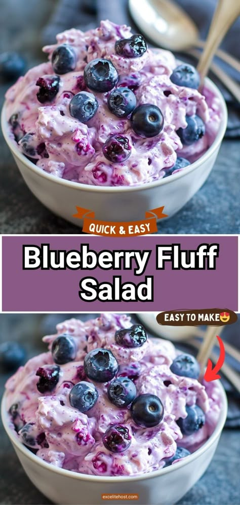 Blueberry Fluff Salad - Quick Recipes No Bake Blueberry Yum Yum Recipe, Blueberry Jello Salad Crushed Pineapple, Blueberry Cloud Jello Salad, Blueberry Fluff Salad Recipes, Blueberry Fluff Dessert Cool Whip, Fluffs Dessert, Blueberry Fluff Dessert, Desserts With Fresh Blueberries, Blueberry Desserts Easy