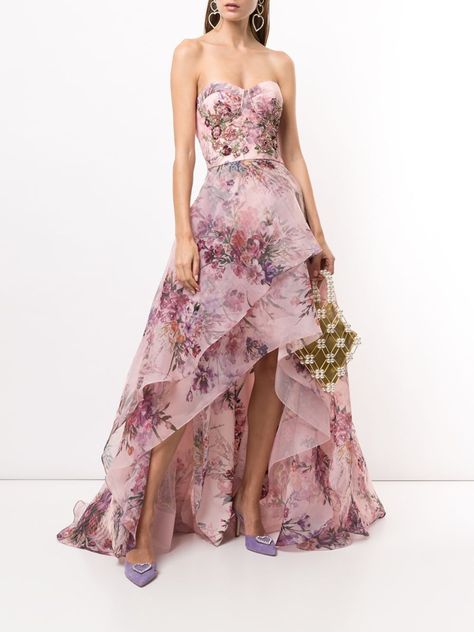 Sequin Embellished Asymmetric Gown – Marchesa Honey Swamp, Asymmetric Gown, Hi Low Gown, Moh Dress, Strapless Organza, Marchesa Fashion, Wedding Guest Ideas, Floral Print Gowns, Embroidered Cocktail Dress