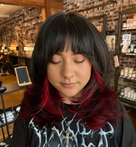 Chunky red peekaboo highlights w/ cut. ⛓️DM OR CLICK THE LINK IN BIO TO BOOK⛓️ . . . . . #althairstylist #althair #redhighlights #peekaboohair #curtainbangs #90sblowout #creativecolorspecialist #vividhaircolor #vividhairstylist #dangerjonescreative #pravanavivids #hairtok #shaghaircut #916hairstylist #sacramentotiktok #independenthairstylist #transformationhaircut #amandapadillahair Pink Peekaboo Highlights Brunette, Red Peekaboo Hair, Red Peekaboo Highlights, Pink Peekaboo Highlights, Red Peekaboo, Peekaboo Highlights, Chunky Highlights, Peekaboo Hair, Vivid Hair Color