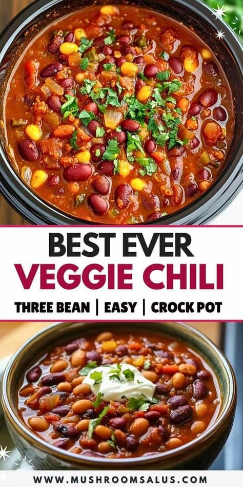 This hearty one pot vegetarian chili recipe is the ultimate comfort food! Packed with three types of beans, vibrant veggies, and a rich blend of spices, it's a crowd-pleaser perfect for any meatless meal. Easy to make in a crock pot, it's ideal for busy days and meal prepping. Garnish with your favorite toppings and enjoy! Tap to save the recipe and spice up your snack game! Easy Vegetarian Crockpot Soup, Meals To Make With Beans, Lunch For Vegetarians, Chili Bean Casserole Recipes, Slow Cooker Soup Recipes Vegetarian, Slow Cook Vegan Recipes, 3 Bean Chilli Recipe, Meatless Crock Pot Meals, Soup Recipes Slow Cooker Vegetarian