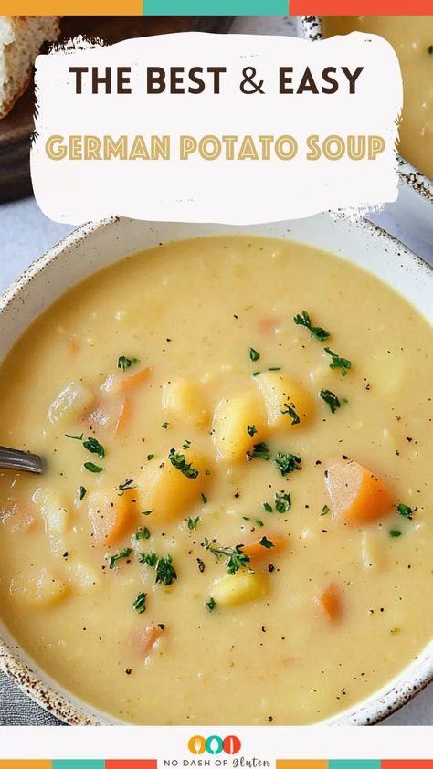 Warm up your day with this comforting German Potato Soup! Creamy, hearty, and gluten-free—perfect for chilly nights or meal prep. Pair it with crusty bread for the ultimate cozy dinner. Save this recipe now! German Gluten Free Recipes, Potato Soup With Noodles, Lactose Free Potato Soup, Gf Potato Soup, Vegetarian German Recipes, Hearty Potato Soup, Golden Potato Soup, German Soup Recipes, Potato Soup Gluten Free