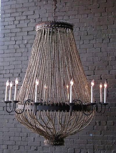 Luigi Chandelier rusted black iron and rope; 3 ft. chain; made to order, please allow 8 weeks - 8 or 12 Light; 8 LIGHT - 38" high x 36" diameter  $1825.00 | 12 LIGHT - 60" high x 50" diameter  $3725.00 Gray Chandelier, Eclectic Chandeliers, Rope Chandelier, Empire Chandelier, Deco Luminaire, Wood Chandelier, Dramatic Lighting, Atlanta Homes, Iron Chandeliers