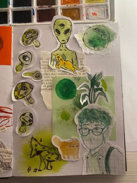 Green Sketchbook Page, Messy Sketchbook Pages, Doodle Alien, Sketch Prompts, Messy Sketchbook, Sketchbook Spreads, Fresh Starts, Messy Art, Mushroom Drawing