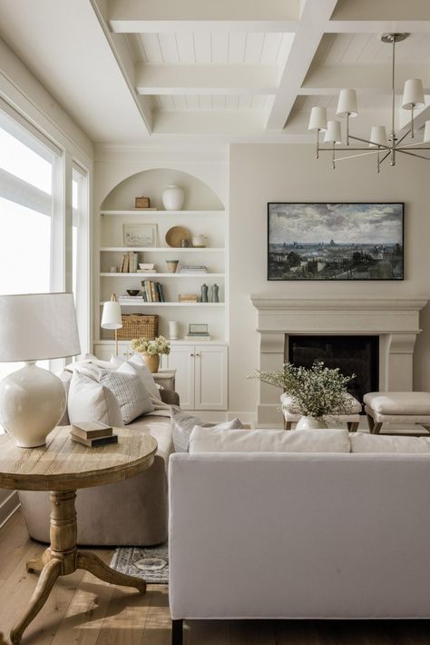 New construction living room designed by Morris Lare, Des Moines, Iowa. Coffered ceiling, arched asymmetrical built-ins, limestone fireplace mantle. Neutral Living Room Decor, Modern Cottage Decor, Built In Around Fireplace, Built In Shelves Living Room, Living Room Built Ins, Farmhouse Style Living Room, Fireplace Built Ins, Apartment Decoration, Neutral Living Room