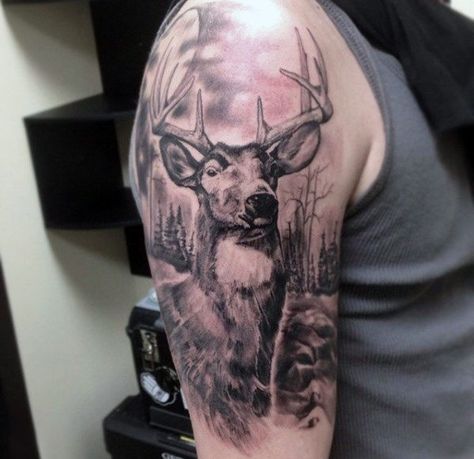 Mens Deer Hunting Tattoos Designs Upper Arm Stag Tattoo Design, Deer Hunting Tattoos, Buck Tattoo, Deer Head Tattoo, Deer Tattoo Designs, Stag Tattoo, Deer Heads, Hunting Tattoos, Deer Tattoo