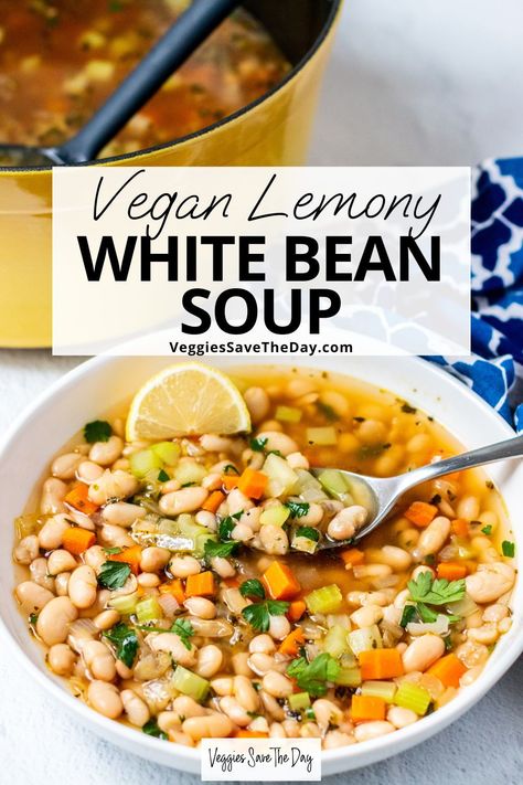 If you love lemon, this vegan white bean soup is for you. It's easy to make in under 30 minutes and tastes fresh and flavorful. Save this pin and follow for more plant based Mediterranean diet recipes! Vegetarian White Bean Soup, Lemony White Bean Soup, Vegan Soups And Stews, Mediterranean Soup Recipes, Vegan White Bean Soup, Mediterranean Soup, Chunky Soup, Meatless Meals Healthy, Vegan Potato Soup