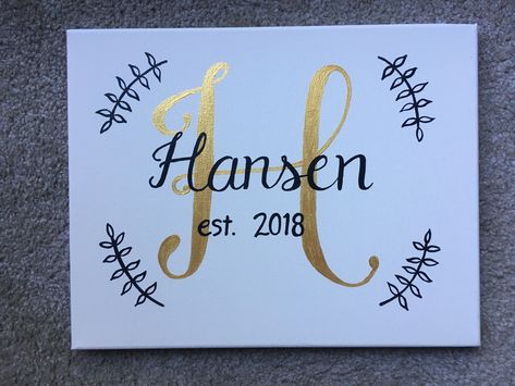 Wedding Canvas. Family last name painting. #wedding #diy #canvas #painting Last Name Canvas Painting Diy, Last Name Canvas Painting, Wedding Canvas Ideas Painting, Diy Wedding Painting Canvas, Name Canvas Ideas, Last Name Painting On Canvas, Canvas Name Painting Ideas, Name Canvas Painting Diy, Wedding Canvas Painting