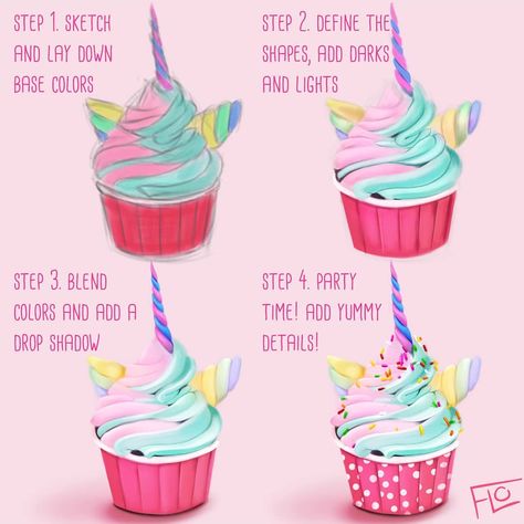 Art With Flo, Make Cupcakes, Drawing Food, Cupcake Drawing, Colorful Cupcakes, Web Comic, Procreate Art, Unicorn Cupcakes, Coloring Tutorial