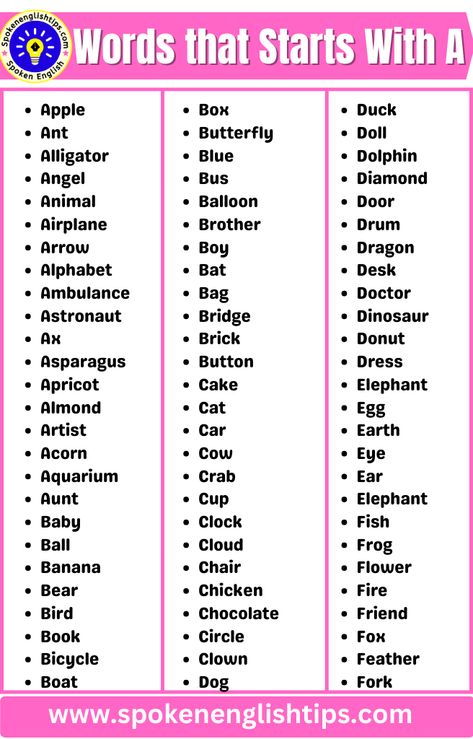 Are you looking for words that start with A? I am very glad to say that you’ve got and list of 700 words starting with A. Here is a complete list of A-letter words. As we know! In this era, it is very essential to be aware of words to improve English for Everyone. Especially ... Read more Things That Start With The Letter A, Things That Start With A, Words Starting With A, Handwriting Tips, Balloon Door, Cow Eyes, A Words, Father And Girl, List Of Words