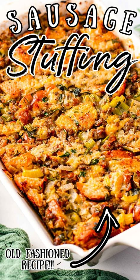 This Sausage Stuffing Recipe is a delicious side dish for Thanksgiving or big family dinners! This classic and simple dressing is made with cubed French bread, spices, chicken broth, and ground sausage, it’s the perfect addition to any holiday spread. Sausage And Sage Dressing, Sausage Dressing Recipes Thanksgiving, Sausage Dressing Recipes, Thanksgiving Stuffing Recipes Best, Best Sausage Stuffing, Sausage Stuffing Recipe Thanksgiving, Stuffing Dinner, Sausage Stuffing Thanksgiving, Stuffing For Thanksgiving