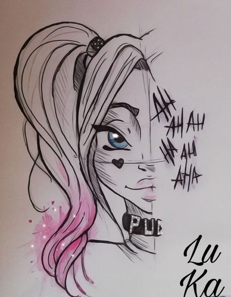 Harey Quinn Cartoon, Harley Quinn Inspired Tattoo, Harley Quinn Tattoo Ideas For Women, Harley Quinn Drawing Easy, Harley Quinn Drawing Sketches, Harley Quinn's Tattoos, Joker And Harley Quinn Drawing, Harley Queen Tattoo, Harley Drawing