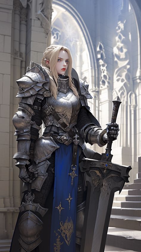 Character art created with Midjourney Ai #Artwork #Character #Fantasy #anime Female Knight Art, Fantasy Knight, Heavy Armor, Anime Knight, Female Armor, Fantasy Props, Female Fighter, Female Knight, Warrior Girl