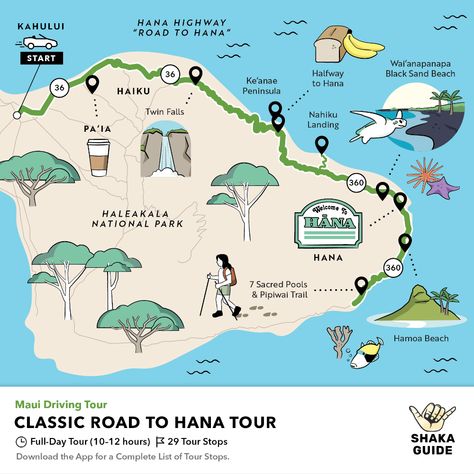 Shaka Guide's Classic Road to Hana Itinerary Road To Hana Map, Maui Map, Maui Tours, Hana Highway, Hana Maui, Haleakala National Park, Trip To Maui, West Maui, Maui Travel