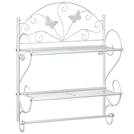 Add spring-fresh style and happiness to your décor with this charming butterfly shelf. Durable metal scroll design features a pair of butterflies fluttering above 2 sturdy shelves — a perfect complement to any decorating style. It attaches securely to any wall to store bath linens, kitchen spices, sunroom plants, entryway mail and more! Easy assembly; requires screwdriver (not included). 20" x 15 1/2" x 6 1/2" butterfly wall shelf weighs less than 3 lbs. Plants Entryway, Sunroom Plants, Butterfly Shelf, Butterfly Bathroom, Accessories Butterfly, Office Health, Cute Furniture, Kitchen Spices, Cute Bedroom Decor