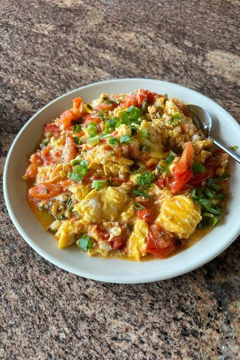 Chinese Tomato Egg - Onolicious Hawaiʻi Chinese Tomato Egg Recipe, Tomato Egg Recipe, Tomato Eggs, Egg Tomato, Tomato Egg, Food Chinese, Chinese Egg, Chinese Stir Fry, Tea Eggs