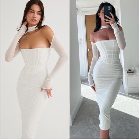 This Sold Out Midi Dress Defines Class And Elegance. It’s Cut From The Softest Stretch Powermesh In Delicate White For An Ultra Cinched Fit That Skims Every Curve In A Figure Flattering Silhouette. It Features An Incredible Corsetry Boning To Cinch The Waist And The Elegant High Neck And Sexy Low Baring Neckline Highlight The Dcolletage Beautifully And Creates An Open Front With Wrap Around Sleeves. The Back Turns To Reveal A Generous Keyhole Cutout With A Button And Zip Fastening For Easy On An Wedding Dresses For Courthouse Wedding, Open Back Midi Dress, Long Sleeve Courthouse Wedding Dress, Corset White Dress, Simple Wedding Dress Courthouse, Casual Courthouse Wedding Outfit, Courthouse Wedding Outfit, Civil Wedding Dresses Courts, White Bridal Shower Dress