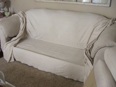 Can you believe it will be Thanksgiving soon!! Do you entertain for the Holidays? Do you like a quick   little change for company? Never fea... Diy Slipcovers For Couch No Sew, Drop Cloth Couch Cover, No Sew Slipcover, Cheap Couch Covers, Shabby Chic Couch, Drop Cloth Slipcover, Diy Couch Cover, Diy Sofa Cover, Couch Ideas