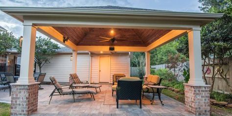 Hip Roof Patio, Patio Roof Extension Ideas, Savannah House, Savannah Houses, Roof Patio, Wood Decks, Patio Remodel, Outdoor Covered Patio, Backyard Area