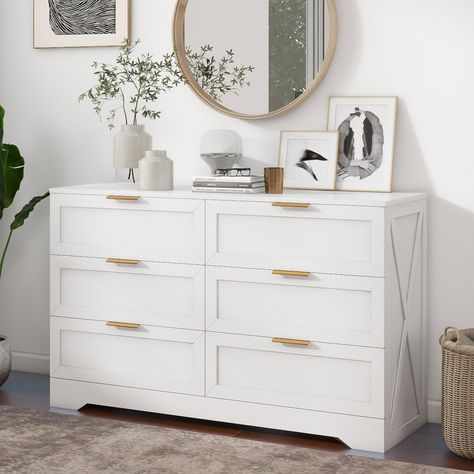 PRICES MAY VARY. Dresser with 6 Larger Drawers: The white dresser for bedroom features 6 deeper & larger drawers (each a roomy 21.3"L x 13.6"W x 5.5"D), offering ample storage spaces for all your clothes, accessories, or any household items. The wide countertop of dresser also provide enough display area for your bedroom. High-Quality Wooden Dresser: Bedroom dresser is made of high-quality P1 MDF wood and overall oil-painted, with X shape on both sides, ensuring long-term usage which is anti-scr White Dresser For Bedroom, Drawer Unit Bedroom, White Wooden Dresser, Bedroom Dresser White, Dresser Against Window, Cute Dressers For Bedroom, Boho Dressers, Small White Dresser, Drawers For Clothes